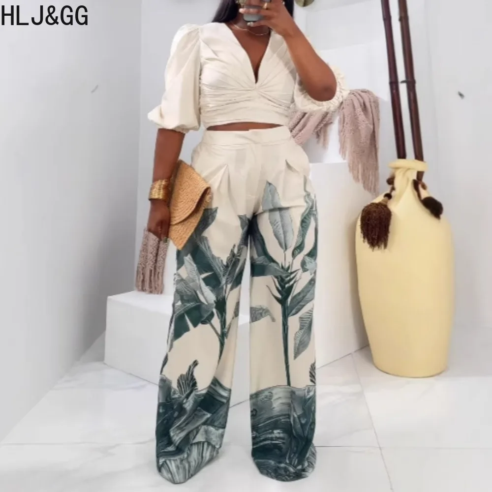 

HLJ&GG Apricot Elegant Lady Printing Wide Leg Pants Two Piece Sets Women V Neck Long Sleeve Crop Top And Pants Outfits Clothing