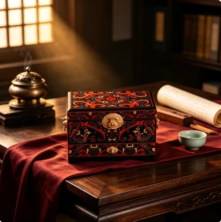 Pingyao Lacquer Jewelry Box, Hand-painted Han Pattern Light Luxury Wooden Vanity Storage Organizer