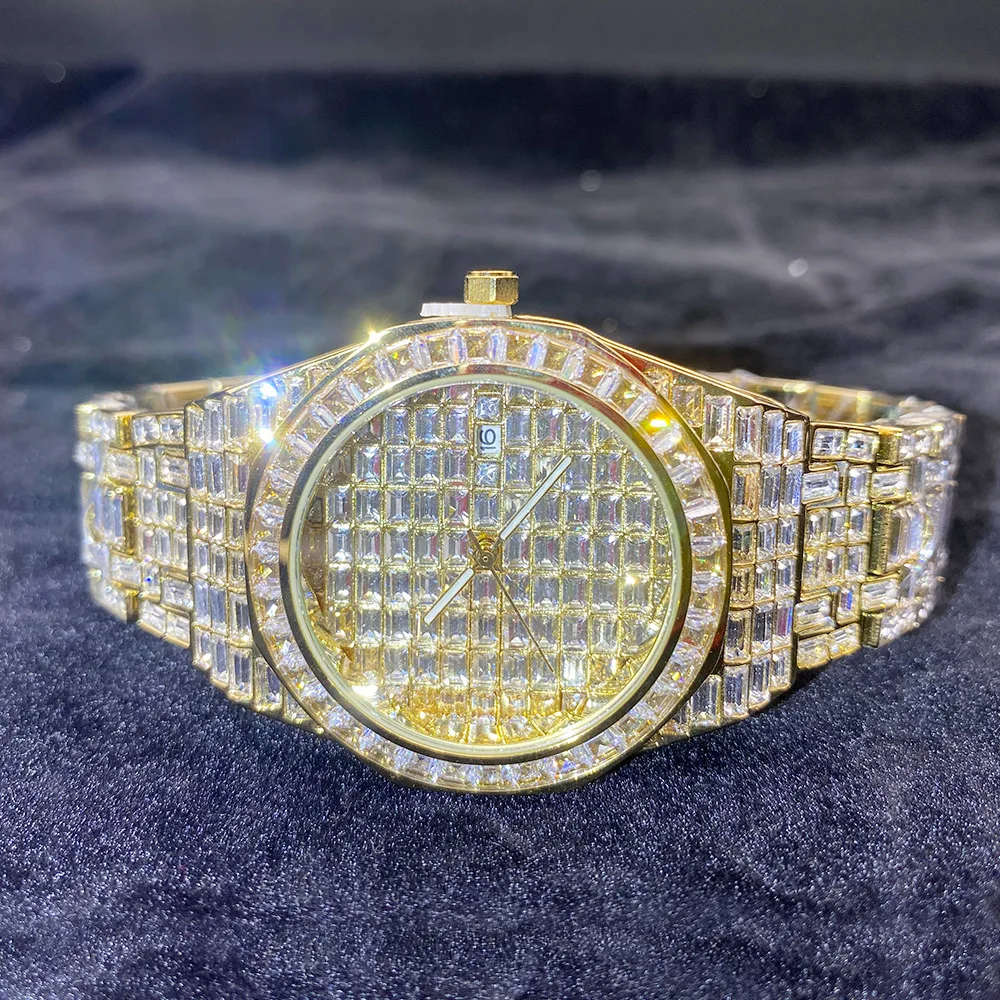 Relojes de cuarzo de piedra completa de lujo para hombres y mujeres, reloj de pulsera de Color dorado con fecha de Hip Hop, reloj luminoso resistente al agua a la moda