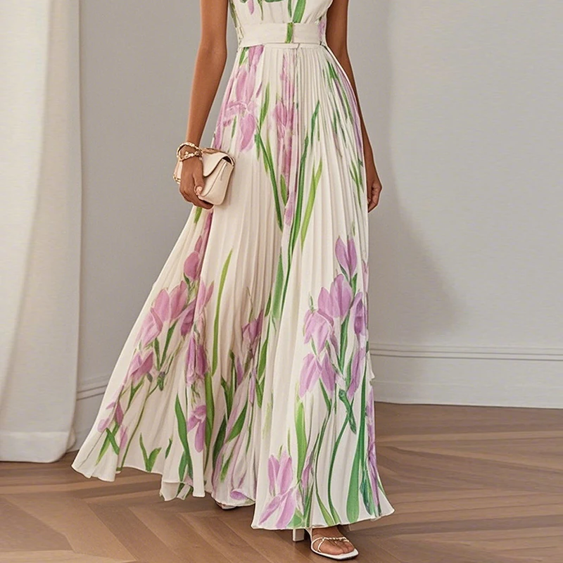 Vestidos mujer sexy gola quadrada vestido plissado mulher primavera floral impressão cintura alta vestidos longos novo verão sem mangas vestido de verão