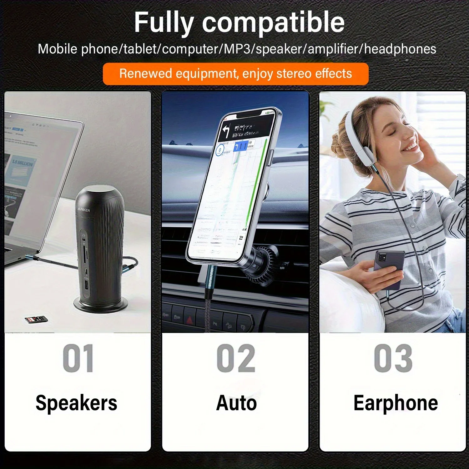 SUNKANDI 3.5mm Audio Cable Male to Male Stereo Audio AUX Cord for Car, Headphone Jack, Speaker, Home Stereos, Smartphone view 4
