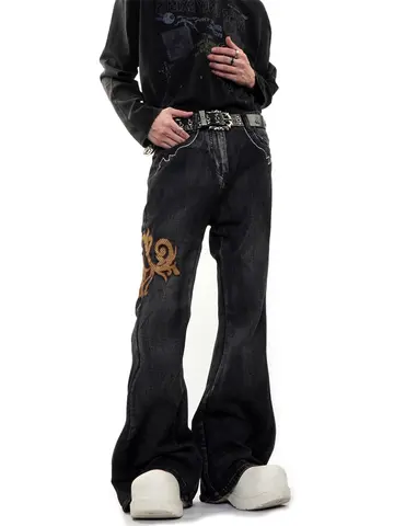 Jeans da Donna Ricamati a Micro Svasatura, Pantaloni Unisex a Gamba Larga, Pantaloni a Vita Alta a Gamba Dritta