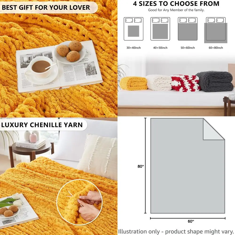 

60x80 Inch Mustard Yellow Chunky Cable Knit Throw Blanket - 100% Handcrafted Chenille Crochet for Cozy Home Decor