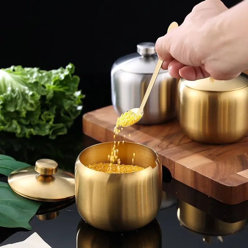 Tarro de condimentos de acero inoxidable para especias, agitador de sal, pimienta, azúcar, caja de almacenamiento de botella con tapa, cuchara,