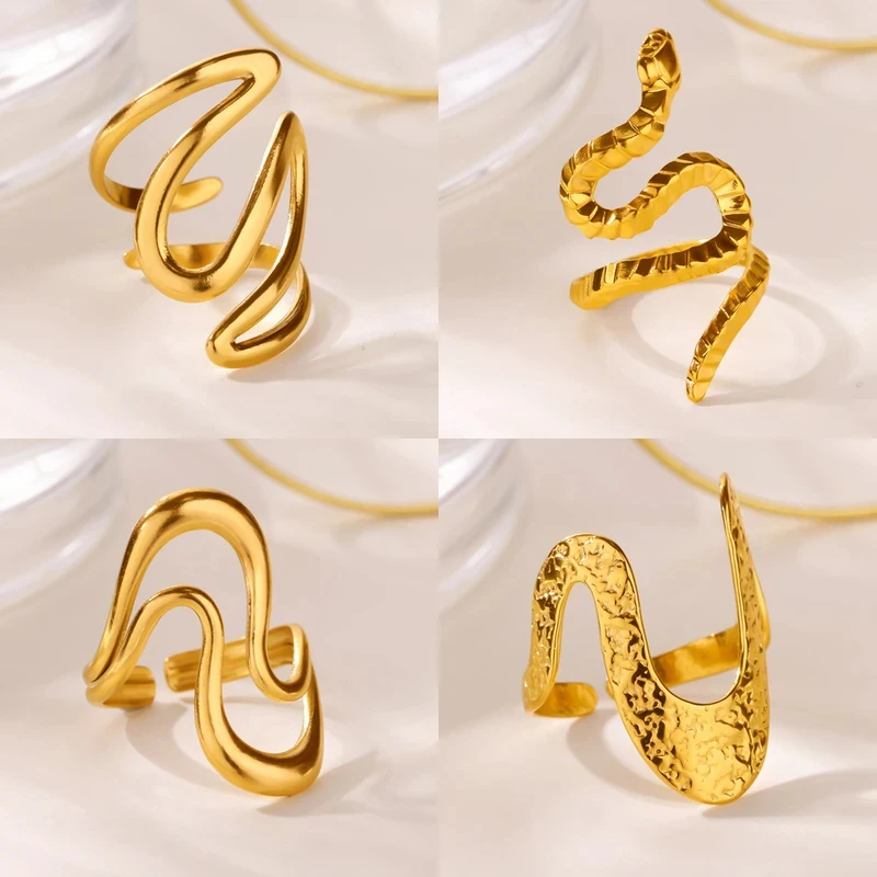 Luxury Wave Snake Rings For Women Stainless Steel Gold Color Geometric Open Ring 2026 New Fashion Wedding Couple Jewelry Gift