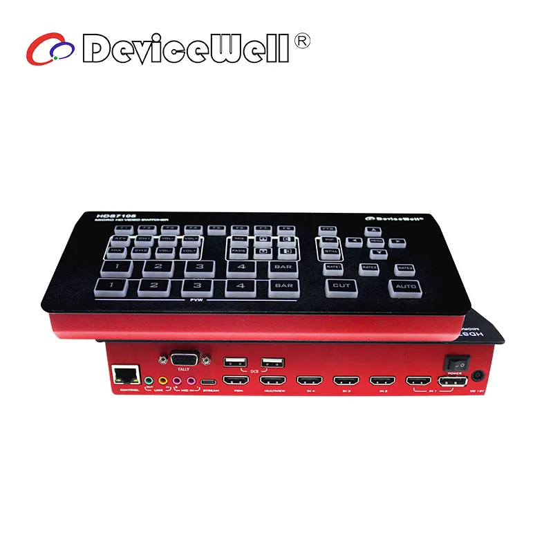 

DeviceWell HDS7105 V2021 Super Mini Switcher 4 HD-MI + 1 DP Inputs 5 Channel 1080P OBS Stream HD SDI Video Switcher