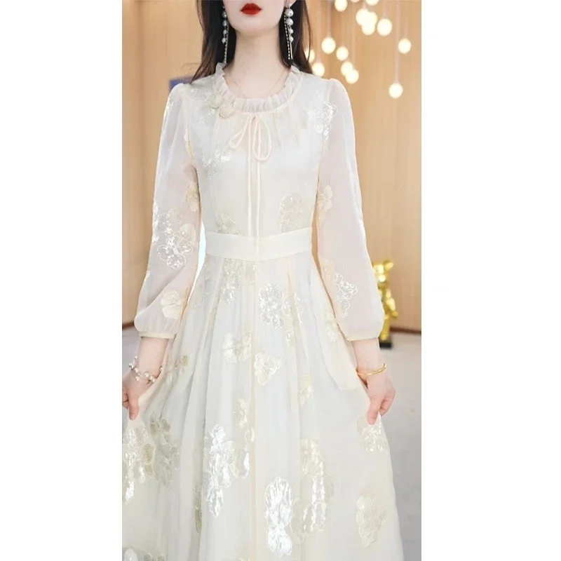 

Women's Elegant White Dress V-Neck 3/4 Sleeve Embroidery Pullover Casual Party First Love Spring 2025 Luxury Fashion