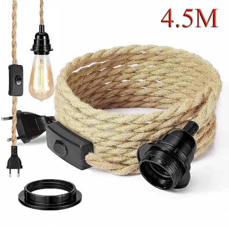 

4.5M Vintage Style Hemp Rope Pendant Light Cord Kit EU US UK Plug Switch E26 E27 Lamp Holder for Simple Pendant Light Decoration