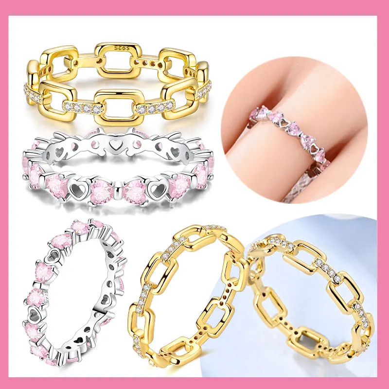 Rings 100% 925 Sterling Silver Pink Heart Zircon Women's Anniversary Gift Engagement Rings for Women Mens Jewelry