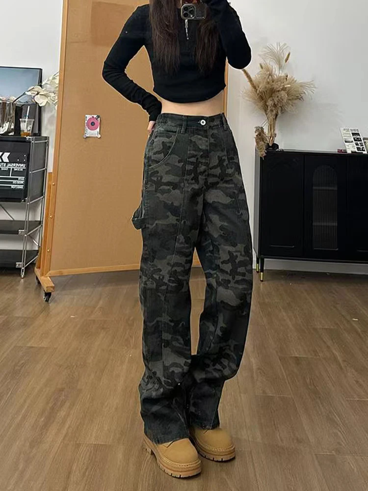 

American Retro Camouflage Jeans Men's High Street Autumn Straight Leg Micro Flared Pants Loose Fit Stand Size Jeans