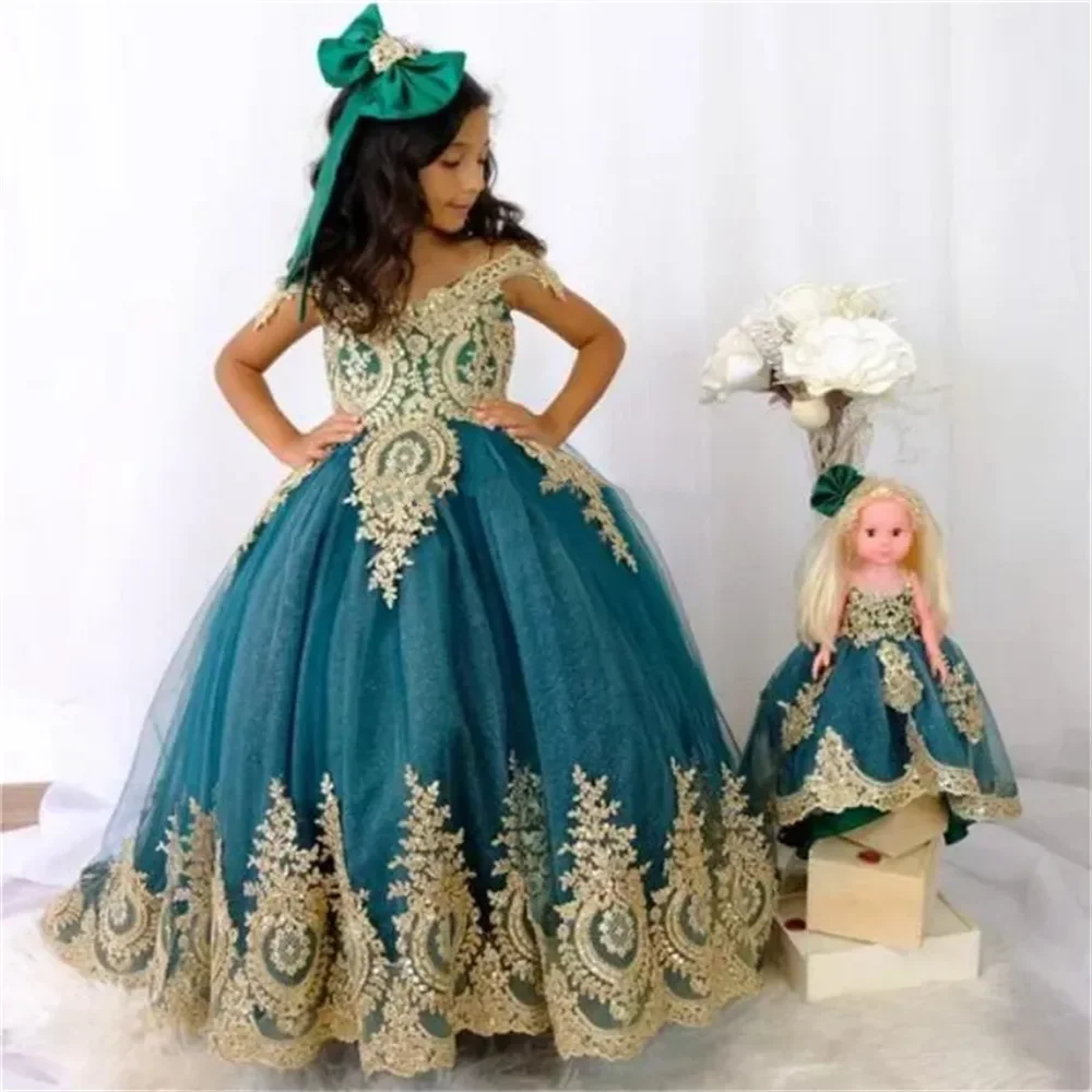 Apliques dorados de lujo para niñas, vestidos de flores sin mangas, vestido de cumpleaños para desfile de bodas, vestido de baile de primera comunión con cuentas para niños