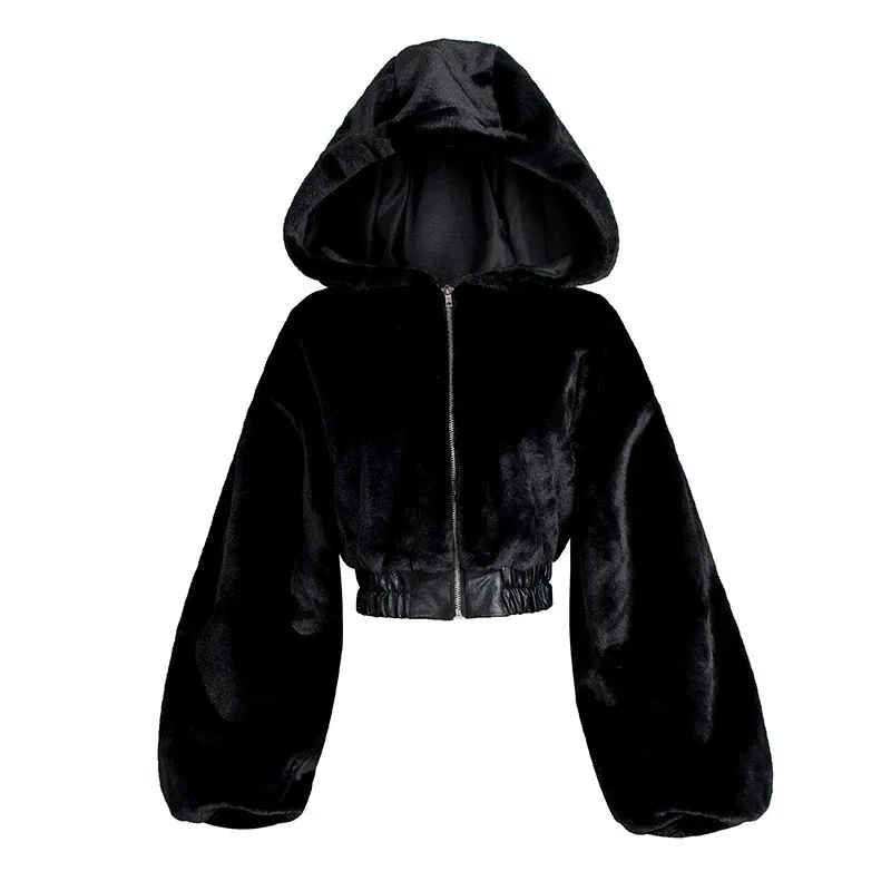 MEXZT Hooded Faux Fur Coat Women Streetwear Cropped Black Fluffy Jacket Winter Fashion Korean Long Sleeve Furry Outerwears New