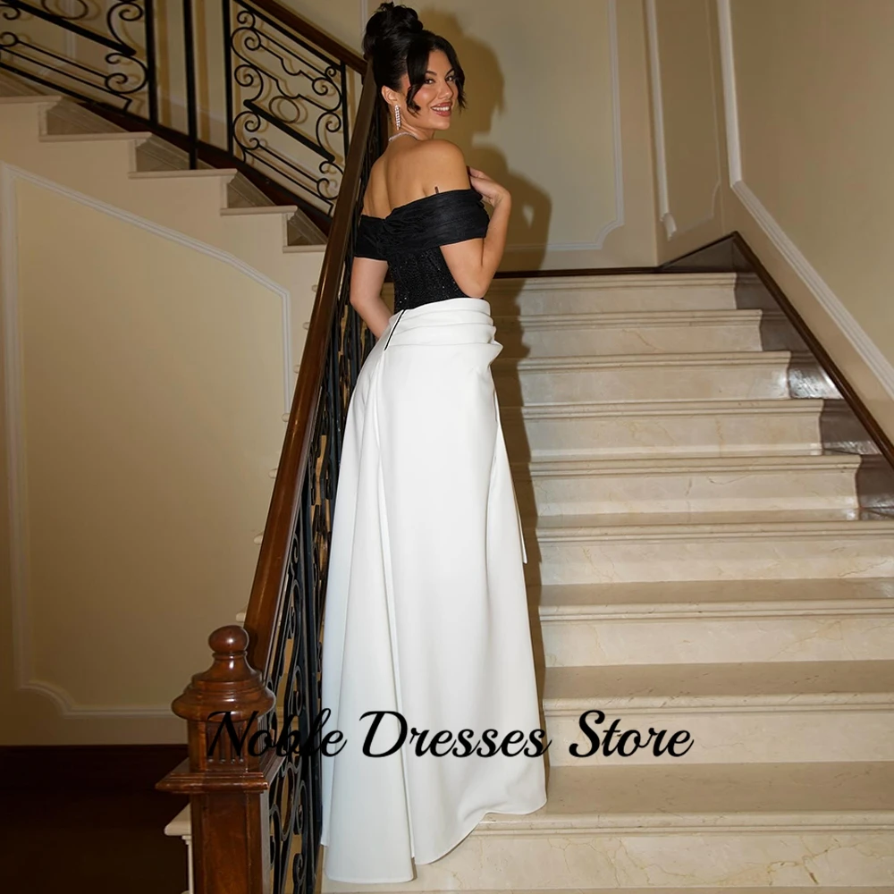 Classic Black Organza and White Jersey Evening Dress Customized Off the Shoulder Prom Dress Formal Contrast Color Occasion Gowns