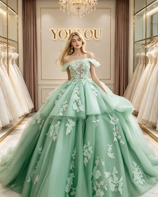 Customized Mint Green Quinceanera Dresse Shiny Luxuly Sequin decal Off the Shoulder Ruffles Tulle Vestidos de novia