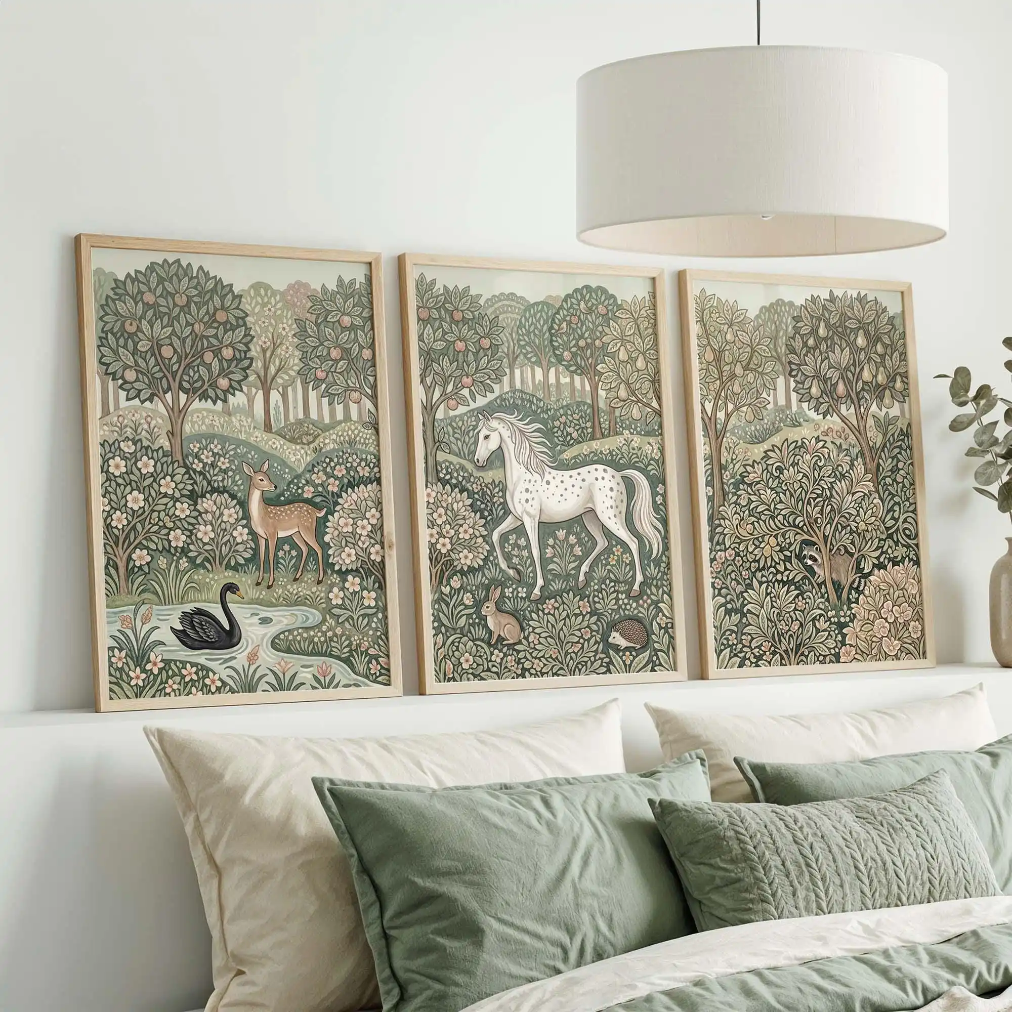 William Morris Woodland Wall Art Set of 3 Cottagecore Nursery Prints Folk Art Forest Animal Triptych Whimsical Above Bed Decor