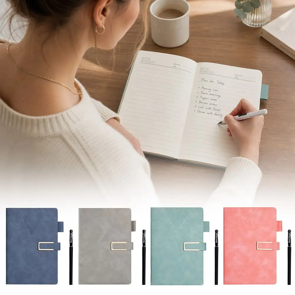 New PU Leather Magnetic Buckle Notebook Magnetic Buckle Pen Holder Lined Journal Deer Pattern Writing Diary