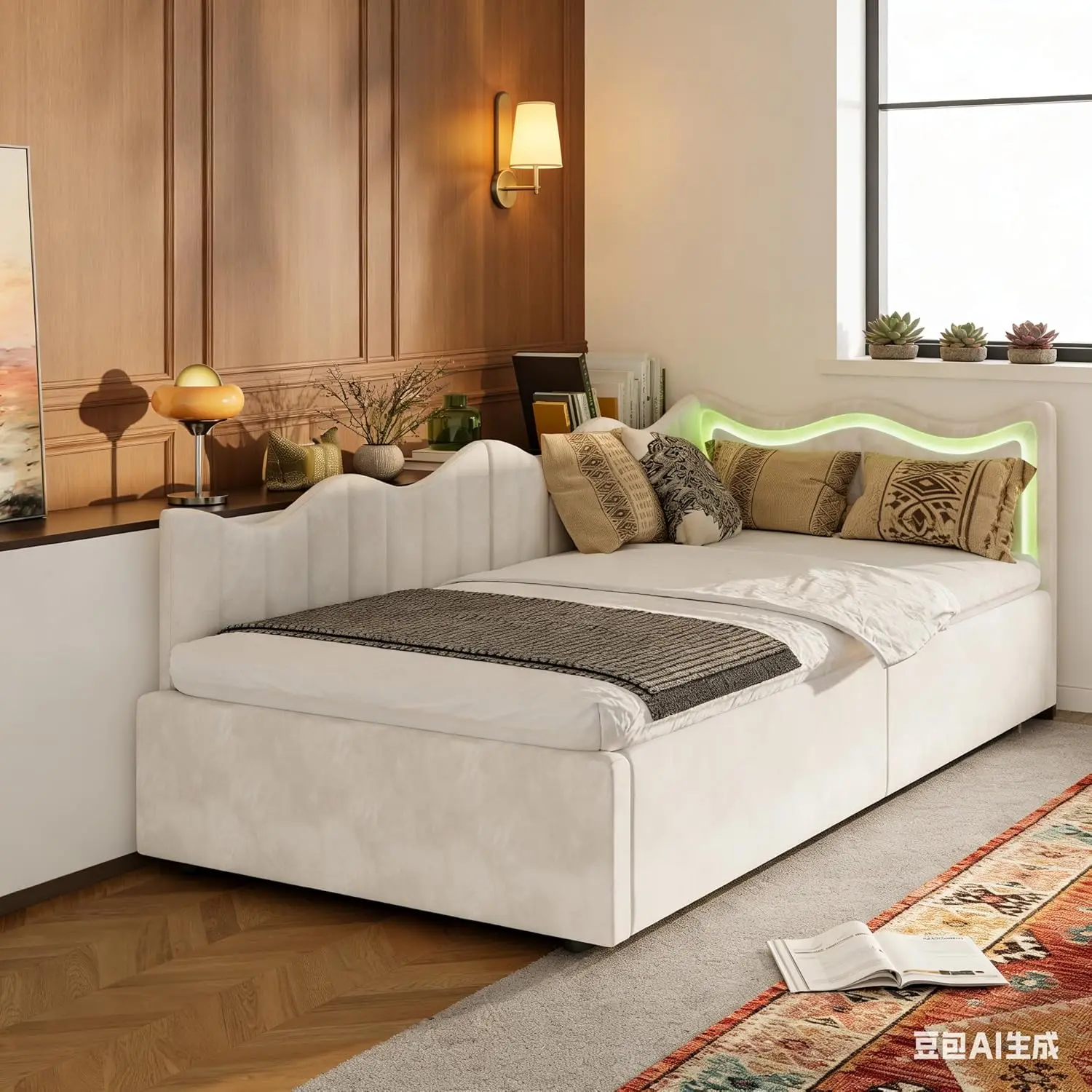 Rosahqnda Lit simple pour enfant, lit canapé 90 x 200 cm, lit rembourré avec espace de rangement, lit pour jeune, lit pour fille, lit de jour avec éclairage LED pour salon et chambre d'amis, sans matelas