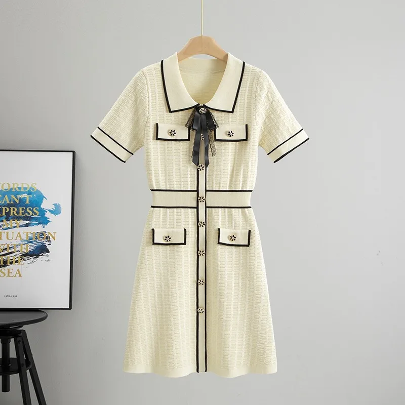 

2025 New Summer New Women's Turndown Collar Short Sleeve Knitted Mini Dress Slim Fit A-line bowknot Buttons Short Dress