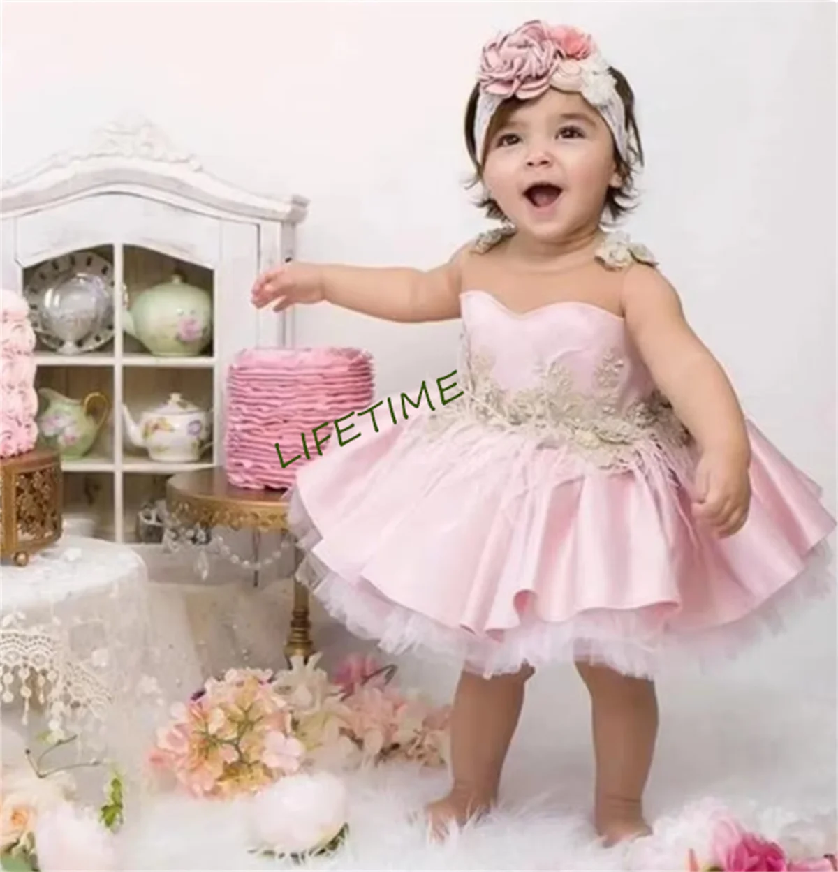 New Blush Pink Baby Girl Birthday Dress Flower Applique Princess Knee Length Party Christmas Dress Kids Clothes