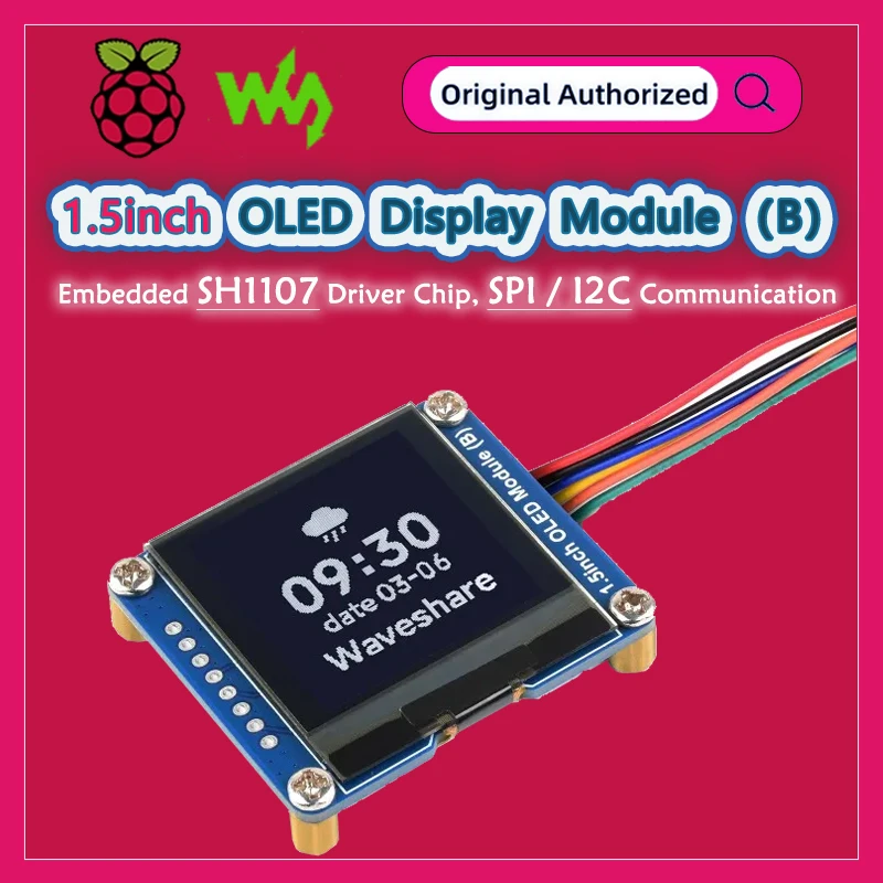 Waveshare 1.5inch OLED Display Module, 128×128 Resolution, SPI / I2C Communication, Black / White Display Color for Raspberry Pi