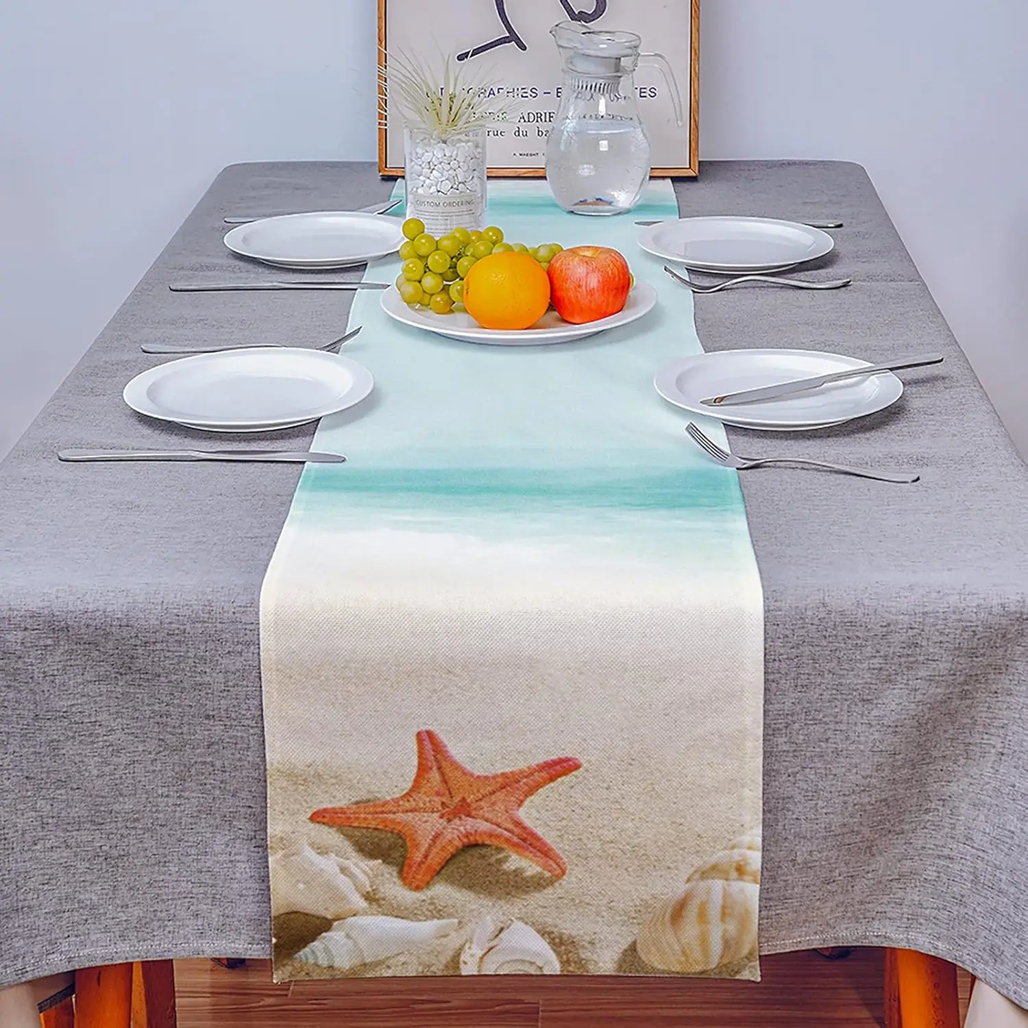 Summer Beach Seastar Shell Linen Table Runner Dresser Scarves Table Decor Farmhouse Kitchen Dining Table Runner Party Decor