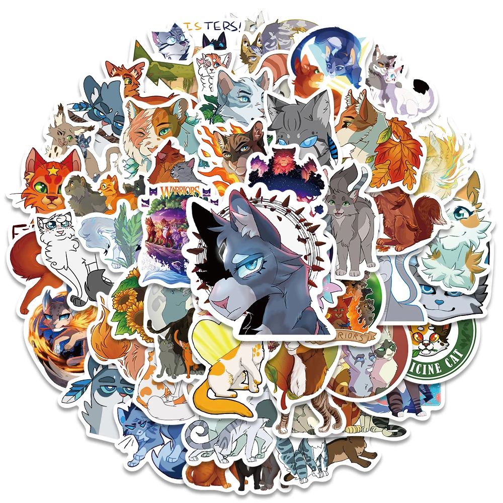 Desenhos animados guerreiros gato brinquedo adesivo, romance anime, estética, livro, carro, laptop, motocicleta, telefone, criança, bonito, 52pcs