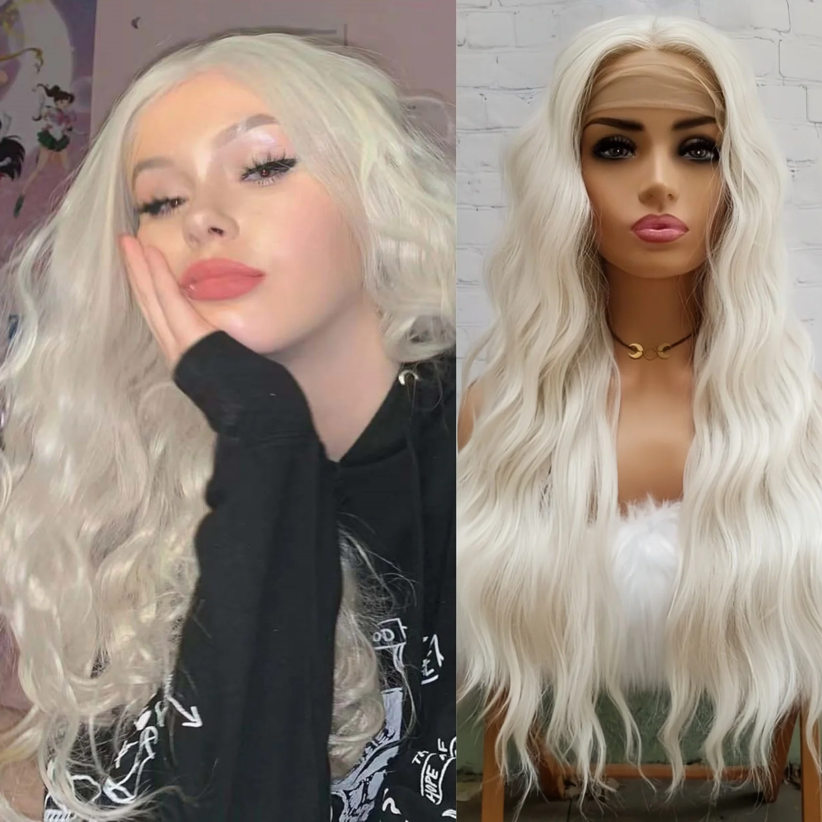 Platinum Blonde Long Wavy Curly Synthetic Hair Lace Front Wig Colored Natural White Blonde Lace Frontal Curly Wigs for Women