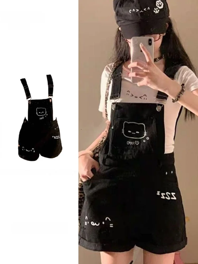 Cute Printed Design Loose Summer Overall Shorts for Women Casual High Waist Wide Leg Pants Anti-aging Trendy Japanese Style
