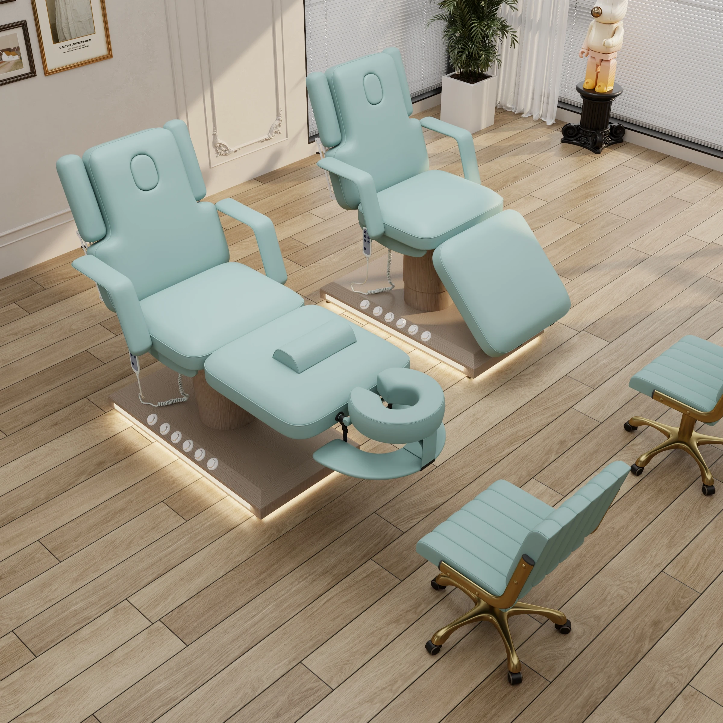 New Double-headed Wood Grain Base Foot-controlled 3-motor Beauty Massage Bed Can Be Customized in Color