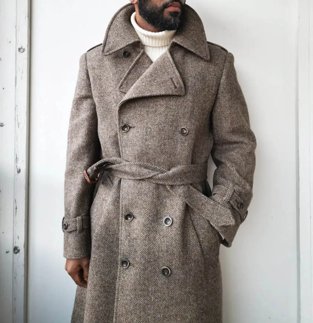 Handsome Thick Long Overcoat Herringbone With Belt Double Breasted Woolen Blends Business Work Customized Coat