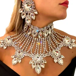 Exaggerated Rhinestone Crystal Necklace Set Water Drop for Women Dubai Multi Layer Tassel Bridal Jewelry Set Necklace Earrings