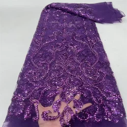 African Sequins Beaded Tulle Lace Fabric, Embroidery, French, Purple, Luxury Evening Dresses, High Quality