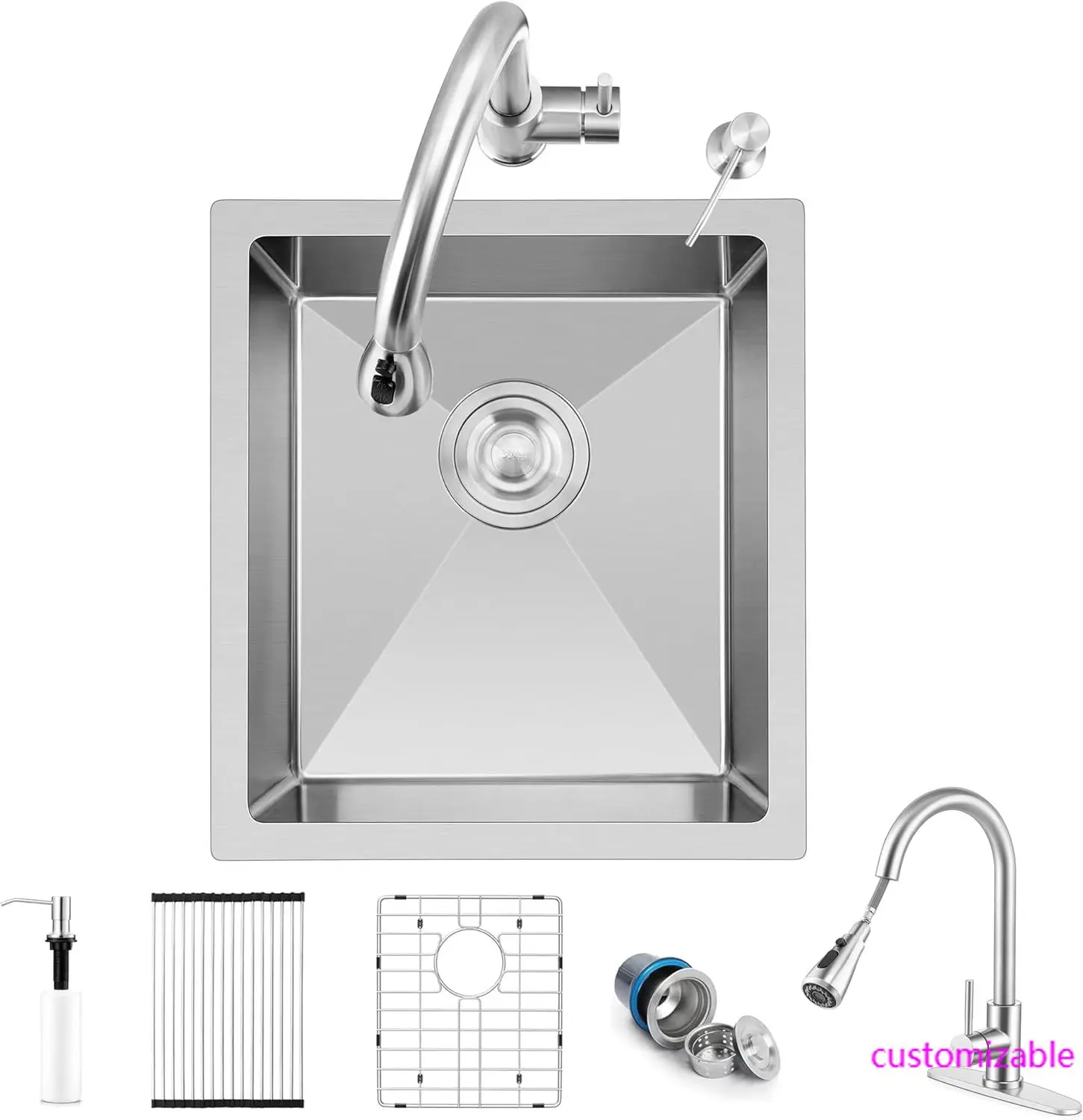 

15×17 Inch Undermount Kitchen Sink with Faucet Combo, Stainless Steel Utility Rv Bar Sink, Small Outdoor Farmhouse Sink, Laundry