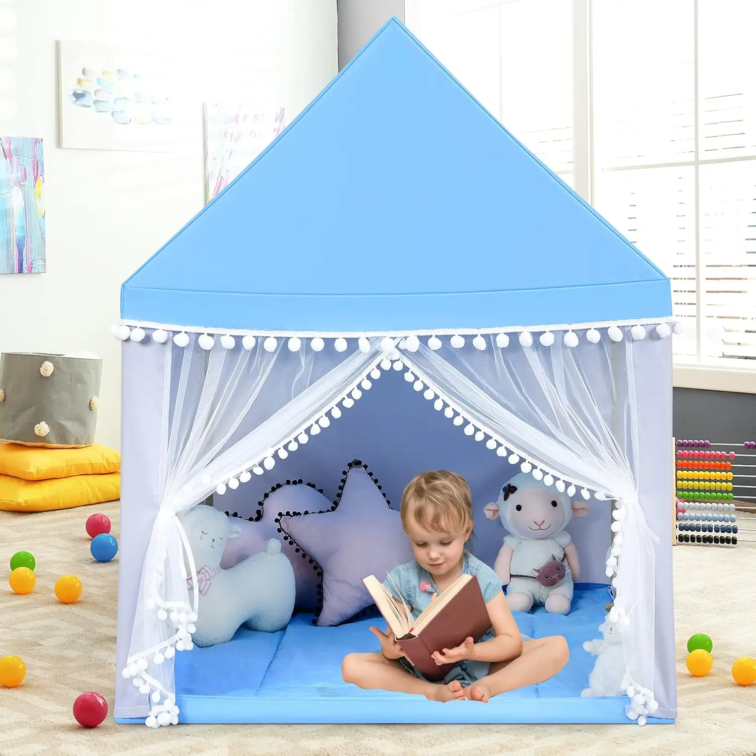 子供用屋内プレイハウス、子供用プレイキャッスルフェアリーテント、大きくて快適なマット、通気性のあるカーテンと窓、屋上スタイル