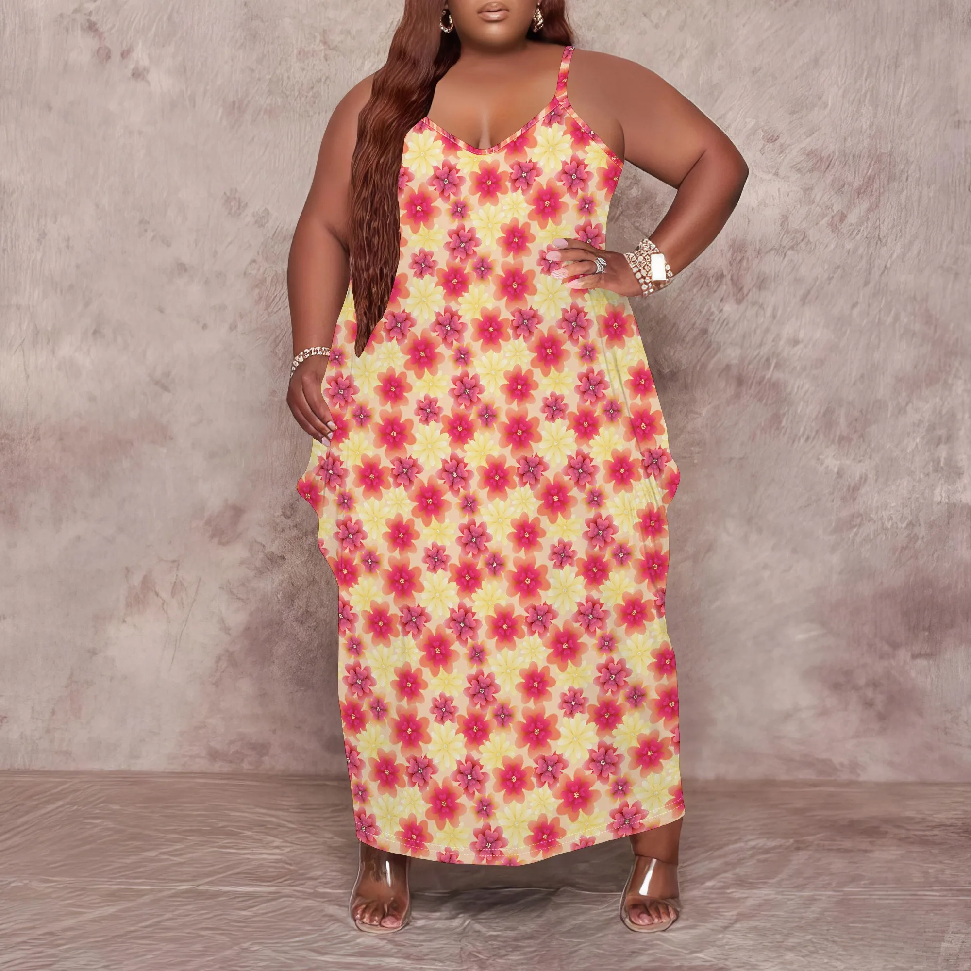 Women Plus Size Dress Floral Print Loose Halter Long Dress with Pocket Stretchy Relaxed XL-6XL
