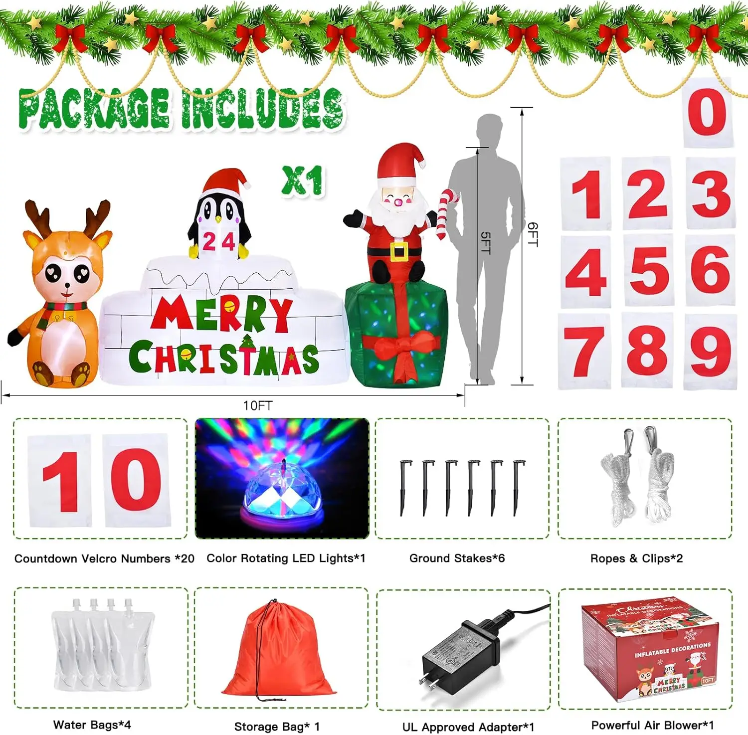 10 Ft Outdoor Christmas Inflatables Countdown Xmas Yard Decorations Reindeer Santa Blow up with Built-in Lights