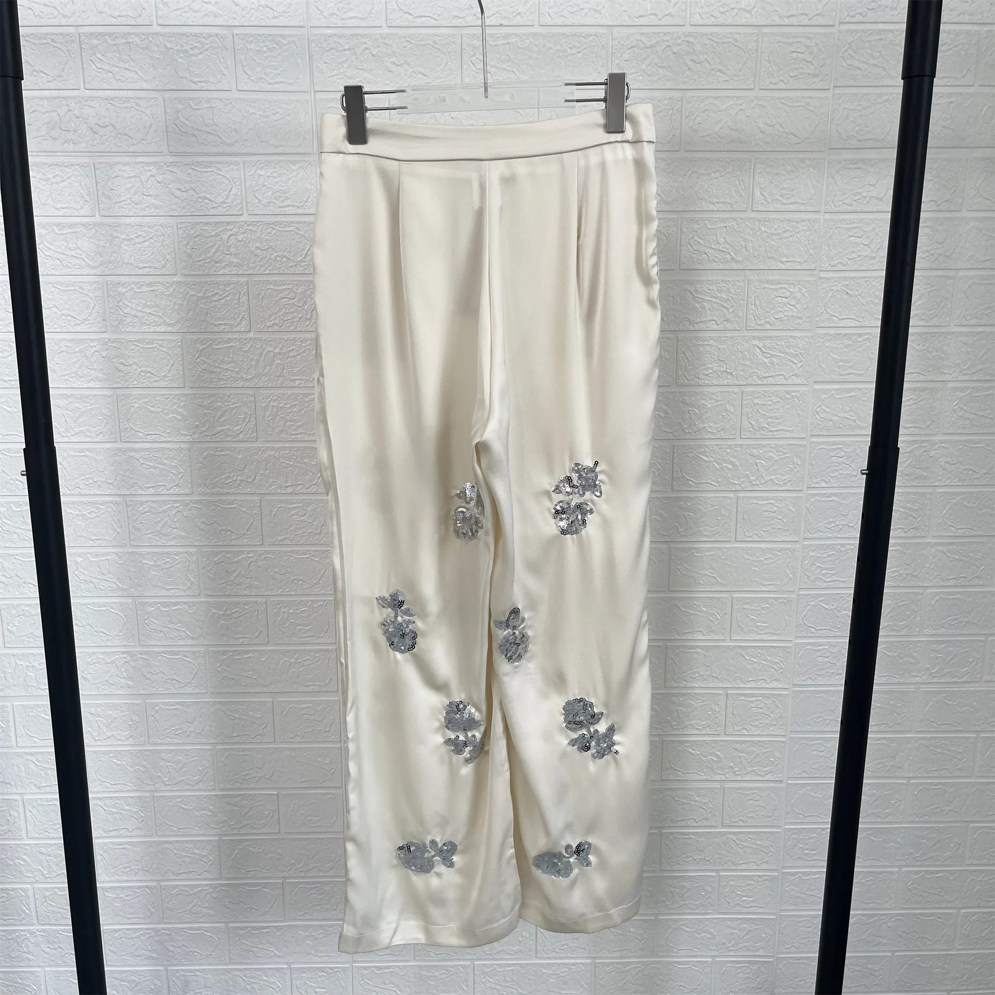 ZA2024-Women\'s Silk Texture Suit Coat and Straight Pants Set Casual Loose Versatile Bead Tie New Fashion StyleAutumn