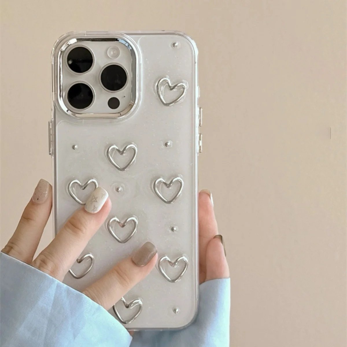 Korean Cute Metal Love Heart Epoxy Glitter Phone Case For Iphone 16 15 14 13 12 11 Pro Max Bling Clear Shockproof Soft Cases