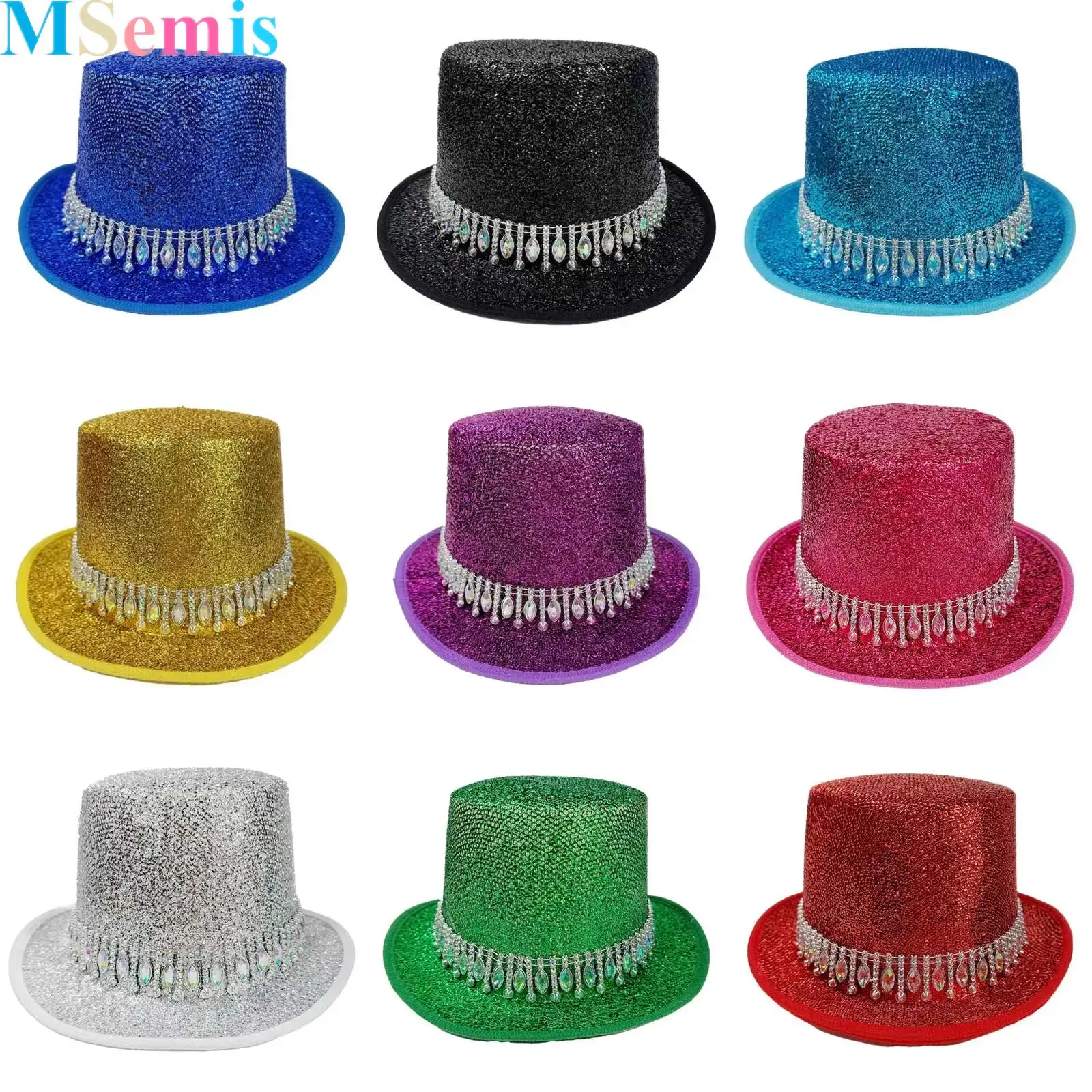 

1Pcs Magicians Hat for Women Men with Rhinestones Belt Tall Hat Cosplay Costume Adult Theme Party Stage Performers