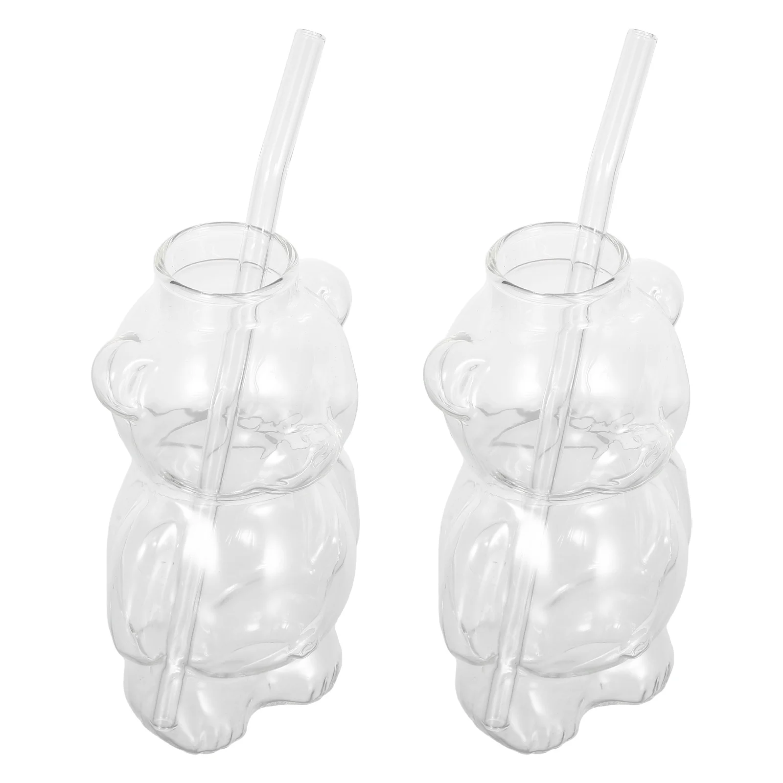 

2Pcs Bear Straw Cups Honey Bear Glass Mug Clear Drinking Cup Cold Drink Glass 320Ml Animal Shaped Straw Drinkware Birthday Party
