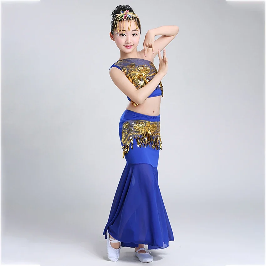 Children's 100-160CM Belly Dance Set Women Shoulder Off Girl Cosplay Stage Sequin Oriental Costumes for Kids Skirts Tail Fish