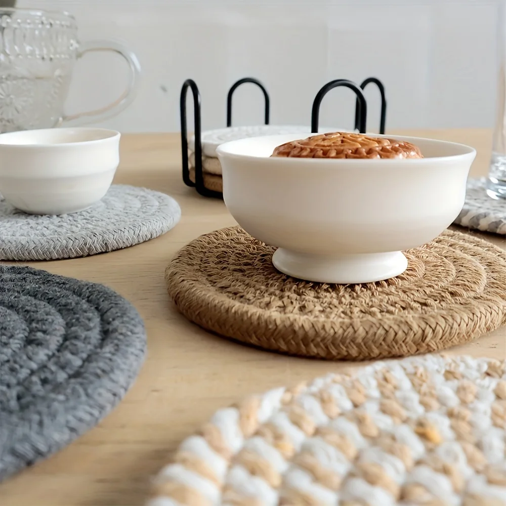 

Absorbent Beverage Coaster Set with Stand Minimalist Woven Coffee Pad for Table Protection Heat Resistant Cup Mats Home Decor
