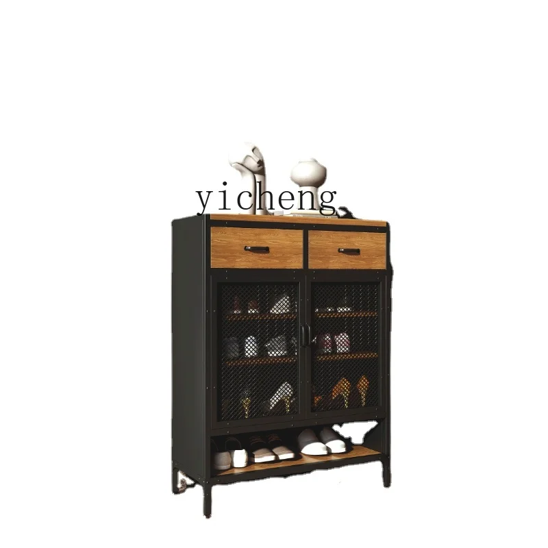 

Zc Entrance Door Shoe Cabinet Home Door Multi-Layer Solid Wood Punk Style Hallway Cabinet Shoe Cabinet