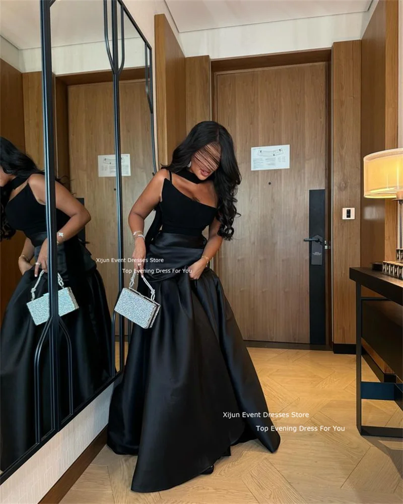 Xijun Black Satin Evening Dresses Saudi Arabric Sleeveless Long Prom Dresses Dubai Floor Length Formal Prom Gowns Women Party