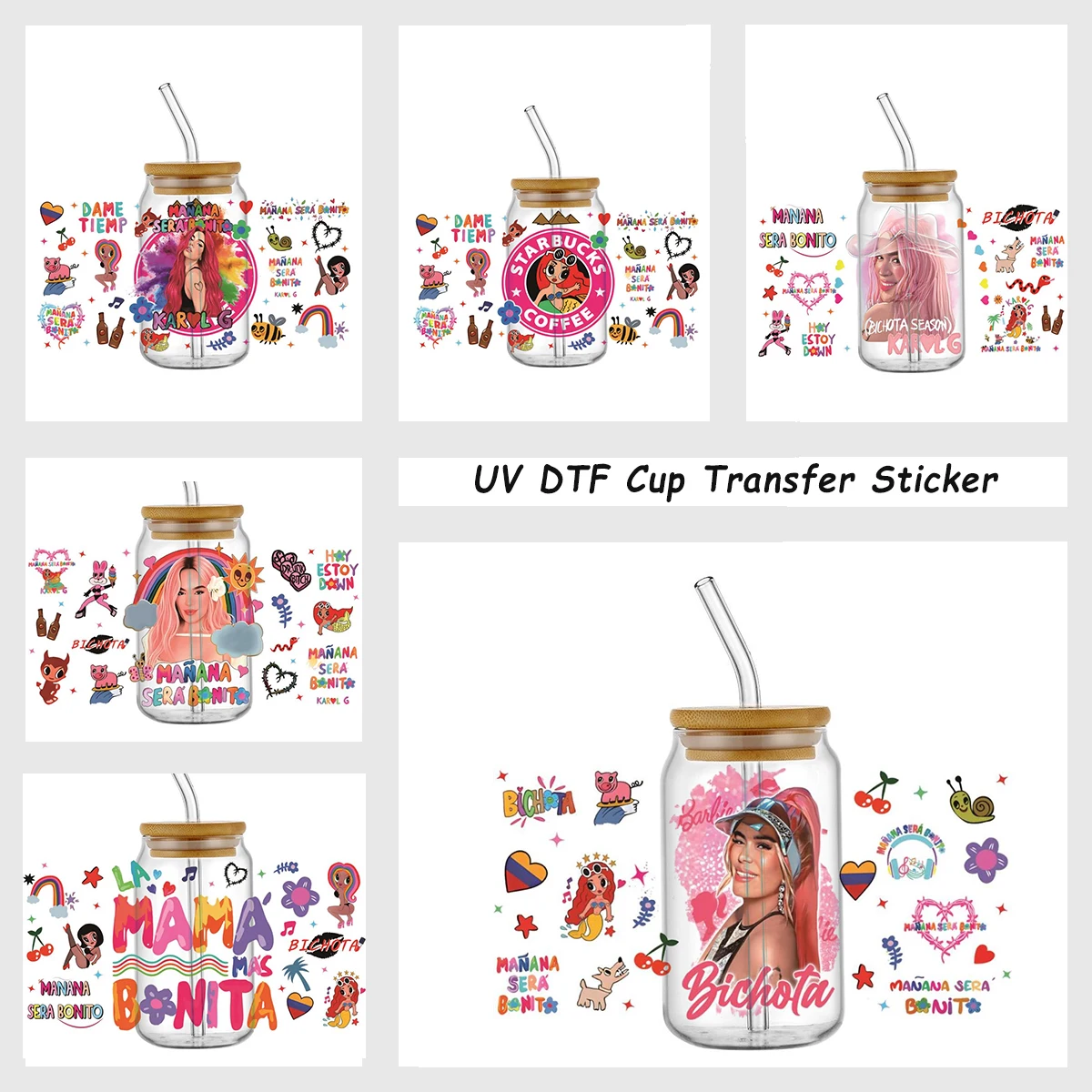 Wasserfeste UV-DTF-Becherfolie mit rosa Haarfarben und lateinamerikanischer Sängerin, niedliche Meerjungfrau, 16oz Libbey Bierbecher, DIY-Transferaufkleber für Heimdekoration
