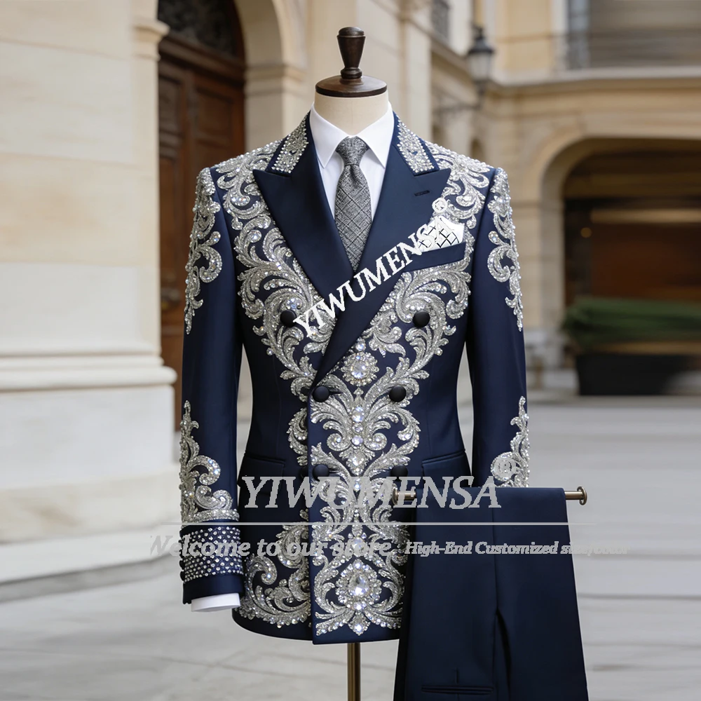 

Gleaming Rhinestones Crystals Men's Suit Attire For Wedding Double Breasted Jacket Pants 2 Pieces Sets Groom Tuxedos Customized