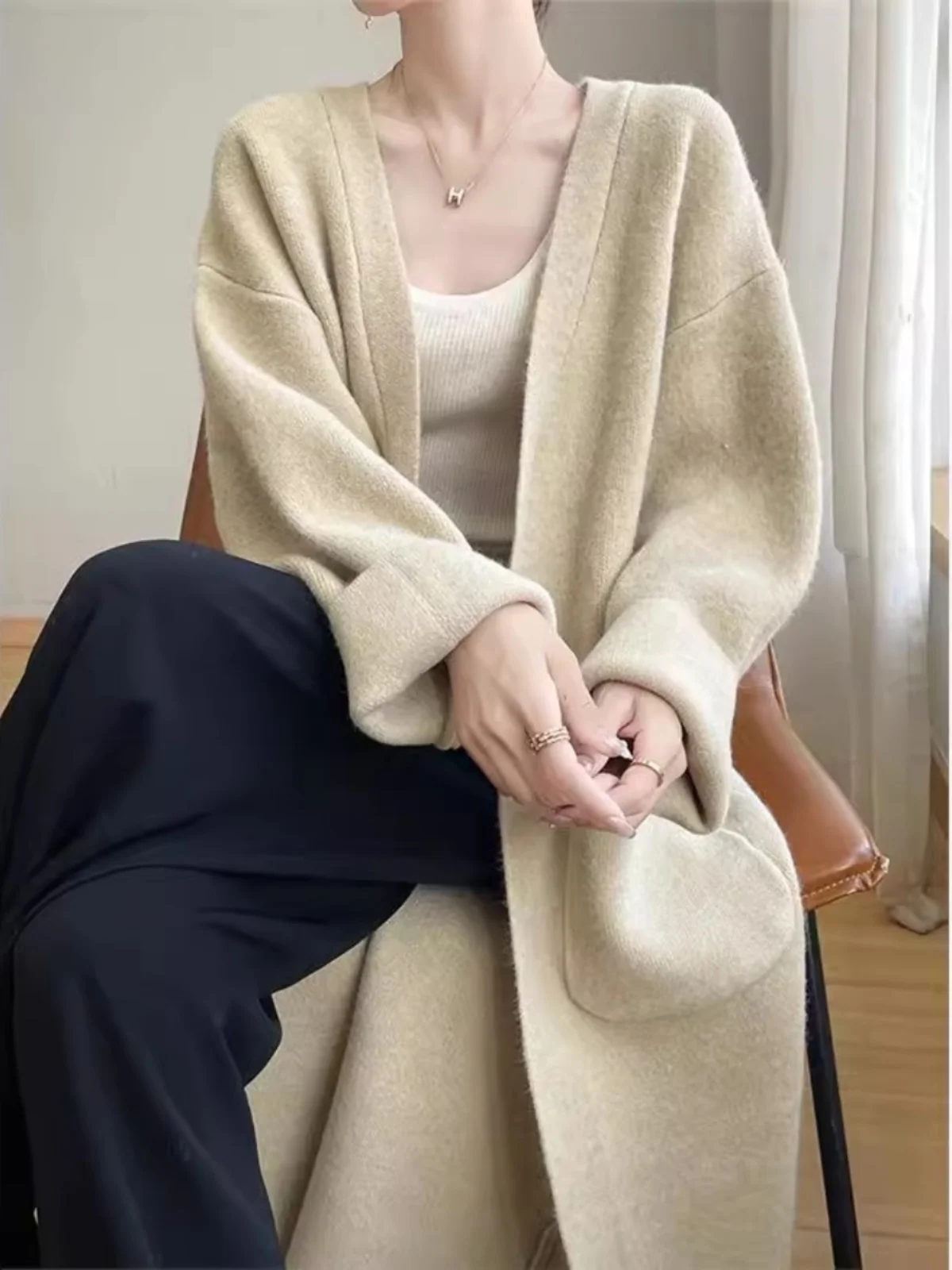 

Вязаный кардиган Ele: женский свободный повседневный кардиган-накидка, уютный топ, стройнящий свитер, кардиган с длинными рукавами и V-образным вырезом