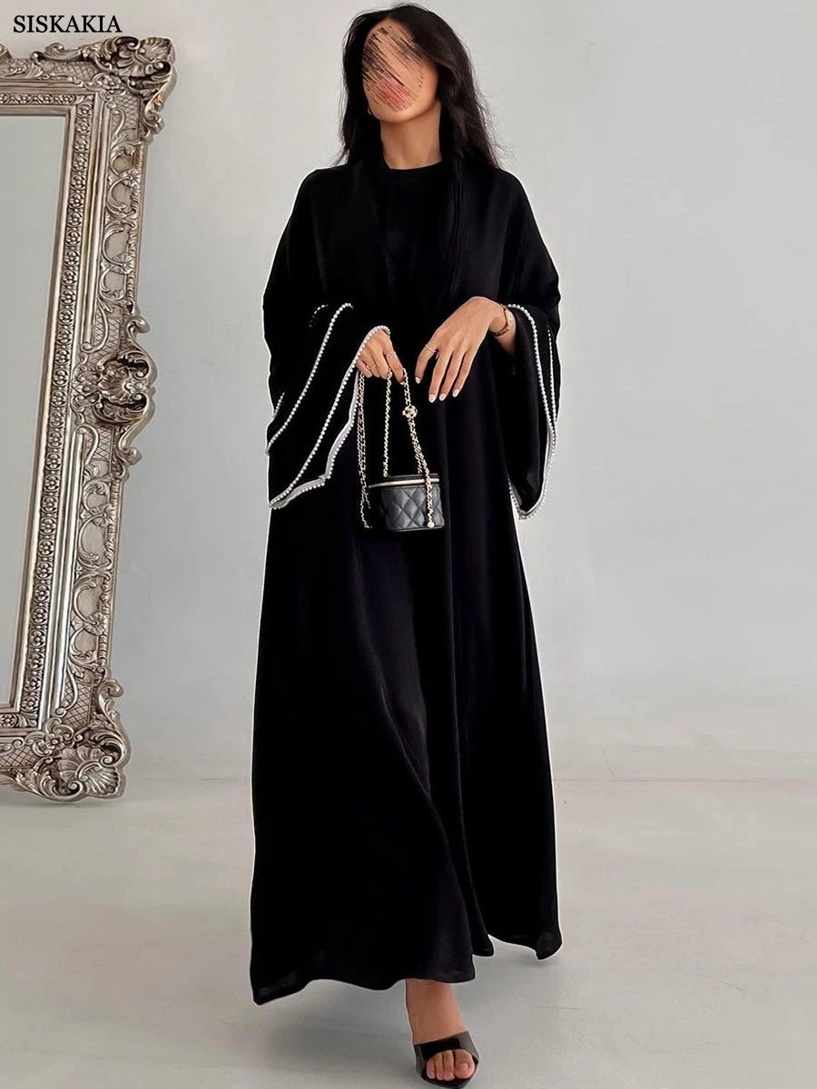 Siskakia Flare Sleeve Abaya Dubai Luxury Open Robe For Muslim Woman Stylish Marocain Femme Galabia Beading Clothing 2024