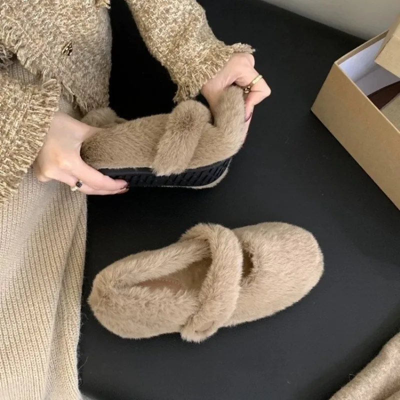 Fairy White Furry Mary Janes Women Warm Mink Fur Shoes Winter Cotton Lined Flats Slip on Ballerinas Ladies Barefoot Wool Loafers view 5