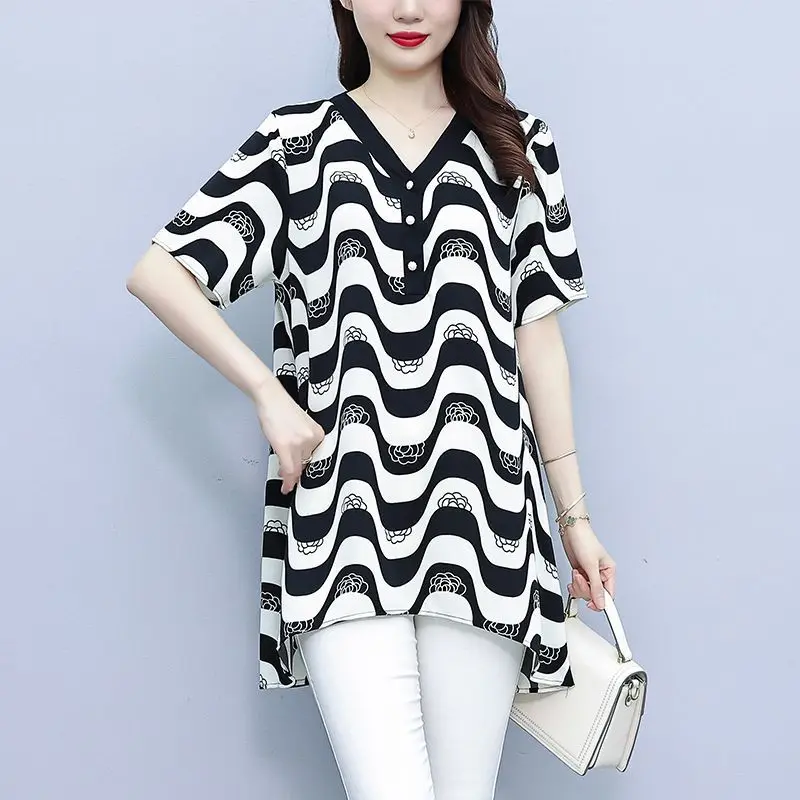 Women\'s Clothing Ripple Print Irregular Elegant Blouse Summer Fashion V Neck Short Sleeve Loose Casual Shirts Ladies Tunic Tops